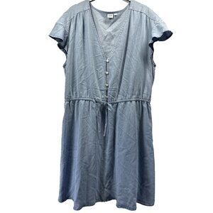 Gap Women's Dress Size Large Blue Chambray Short Sleeve Knee Length Pullover Tie